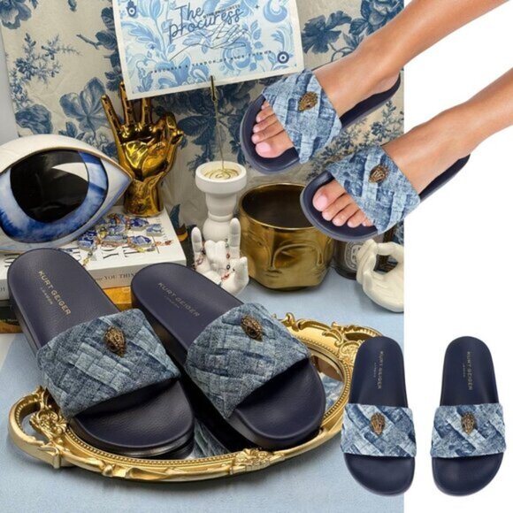 🆕 KURT GEIGER LONDON 🧿 NWOB Blue Denim Meena Eagle Slides, Sz EU 41 US10 - Picture 1 of 12